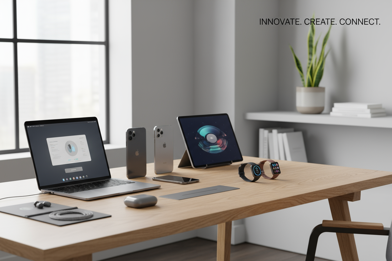 creeame una imagen para un banner la cual refleje el nicho de los productos electronicos con un fondo como en una habitacion y una mesa